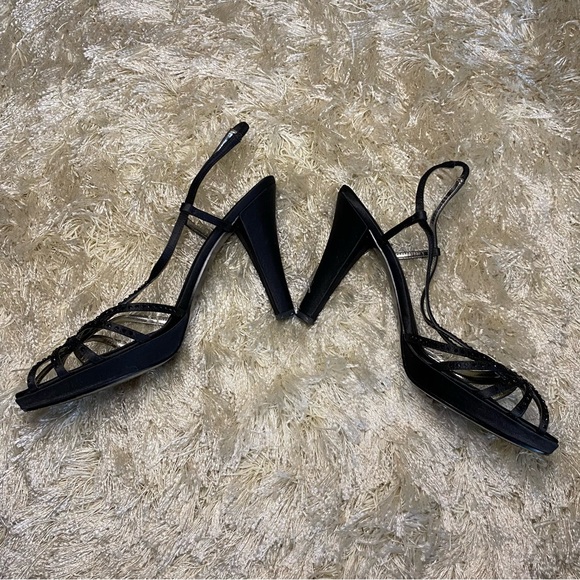 Nine West Black Strappy Open Toe High Heels with Black Rhinestones Size 9.5 - Picture 3 of 5